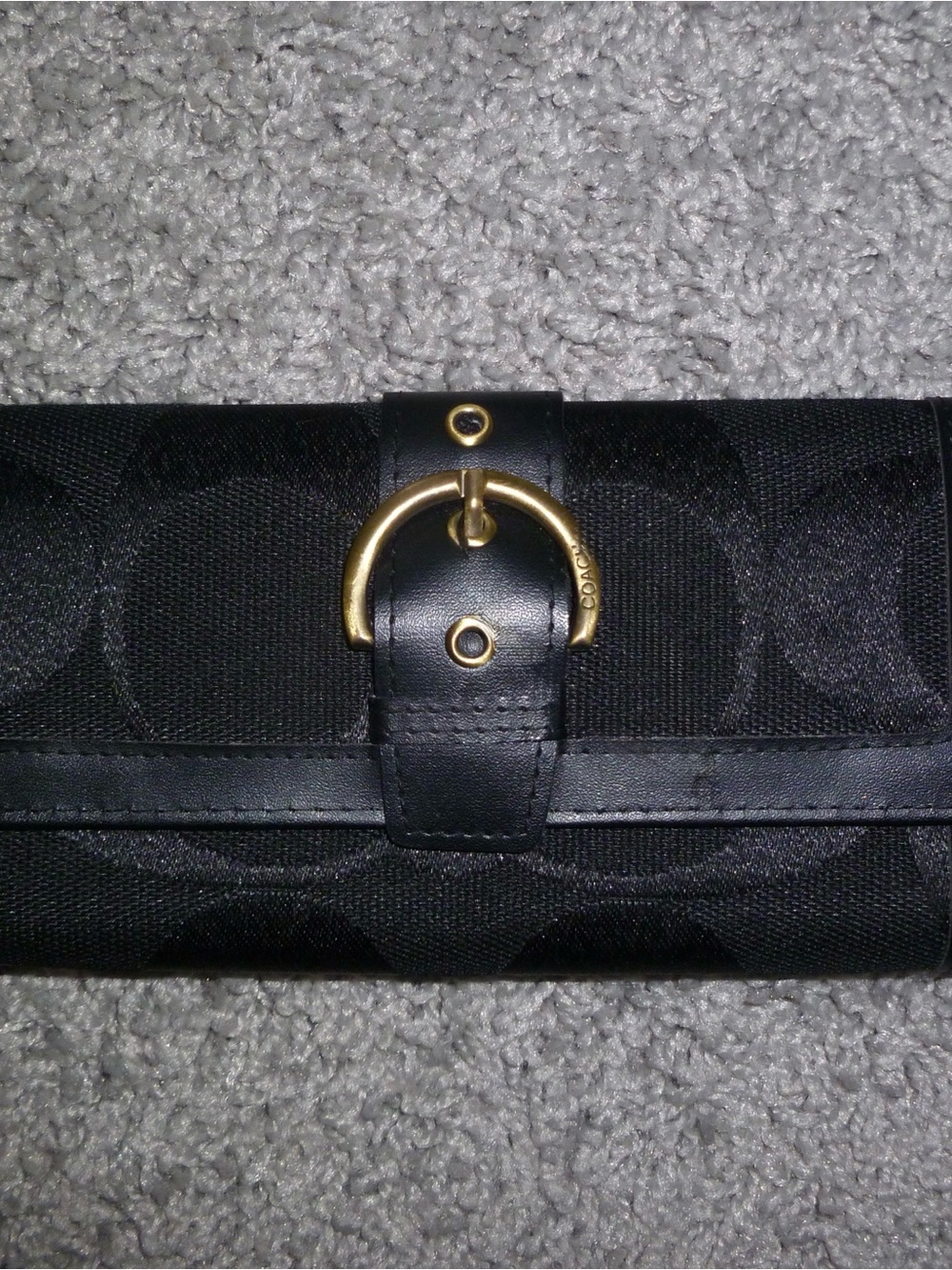 Coach Black Signature Canvas Key & Card Holder with Gold Buckle Accent